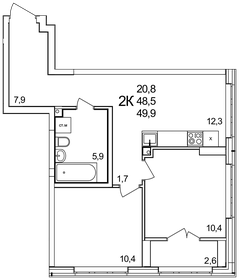 49,5 м², 2-комнатная квартира 5 544 000 ₽ - изображение 1
