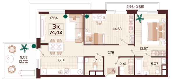 Квартира 74,4 м², 3-комнатная - изображение 1