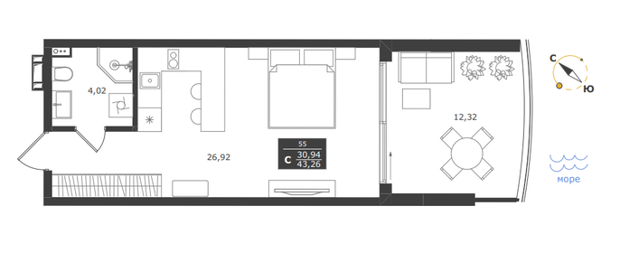 Квартира 43,3 м², студия - изображение 1