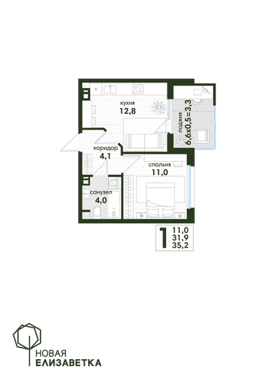35,2 м², 1-комнатная квартира 4 514 788 ₽ - изображение 1