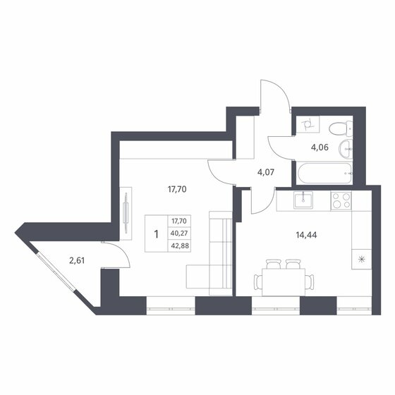 42,9 м², 1-комнатная квартира 5 950 000 ₽ - изображение 1