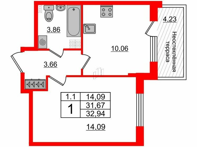 31,7 м², 1-комнатная квартира 6 600 123 ₽ - изображение 1