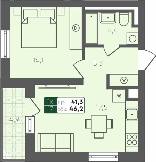 46,2 м², 1-комнатная квартира 6 525 750 ₽ - изображение 1