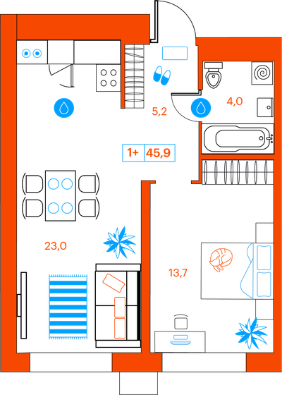 45,9 м², 1-комнатная квартира 5 860 000 ₽ - изображение 1