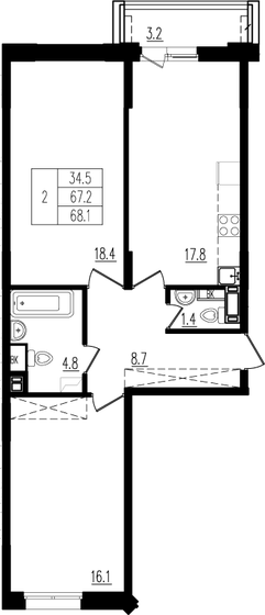 68,1 м², 2-комнатная квартира 10 027 725 ₽ - изображение 1