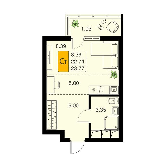 23 м², квартира-студия 6 370 360 ₽ - изображение 1