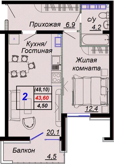 48,1 м², 2-комнатная квартира 16 969 200 ₽ - изображение 1