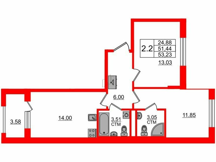 51,4 м², 2-комнатная квартира 12 200 263 ₽ - изображение 1