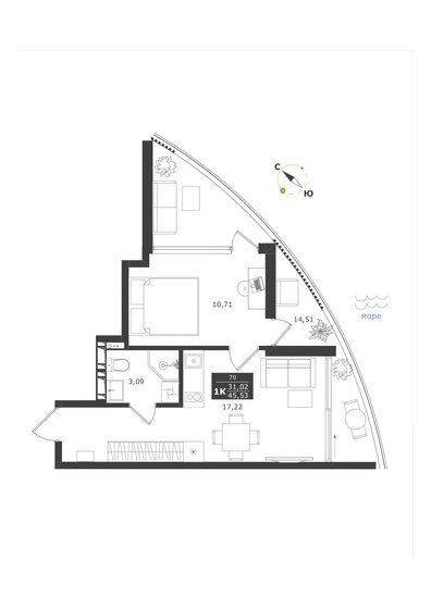 45,5 м², 1-комнатные апартаменты 16 896 640 ₽ - изображение 1