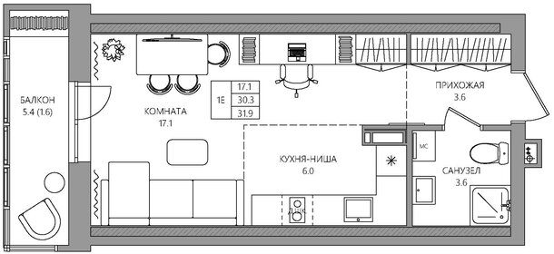 Квартира 31,9 м², студия - изображение 1