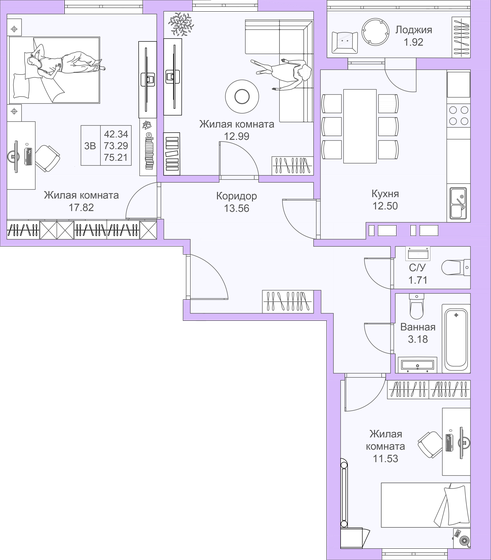 75,2 м², 3-комнатная квартира 11 507 130 ₽ - изображение 26