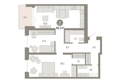 Квартира 85,7 м², 2-комнатная - изображение 1