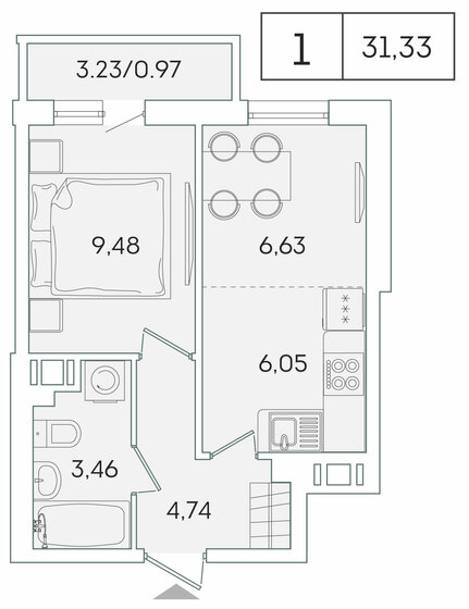 31,3 м², 1-комнатная квартира 5 401 193 ₽ - изображение 1