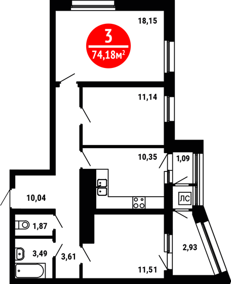 74,2 м², 3-комнатная квартира 7 788 900 ₽ - изображение 1