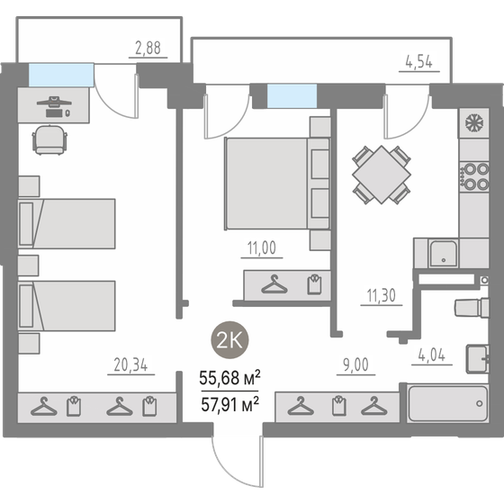 55,7 м², 2-комнатная квартира 7 200 000 ₽ - изображение 1