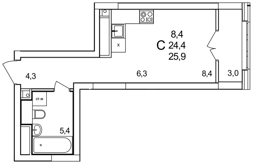25,9 м², квартира-студия 3 677 800 ₽ - изображение 1