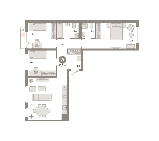 86,6 м², 3-комнатная квартира 15 270 000 ₽ - изображение 1