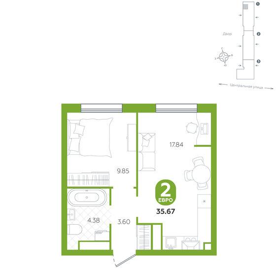 35,7 м², 2-комнатная квартира 3 820 000 ₽ - изображение 1