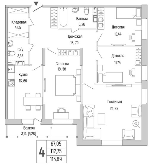 115,9 м², 4-комнатная квартира 17 899 200 ₽ - изображение 1