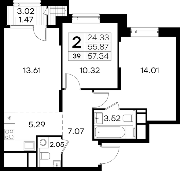57,3 м², 2-комнатная квартира 13 369 999 ₽ - изображение 19