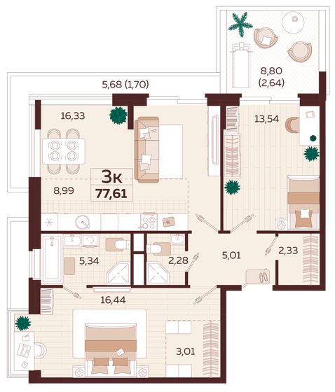 77,6 м², 3-комнатная квартира 32 370 000 ₽ - изображение 1
