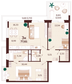 Квартира 77,6 м², 3-комнатная - изображение 1