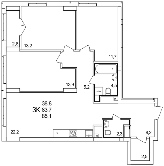 85,1 м², 3-комнатная квартира 8 765 300 ₽ - изображение 1