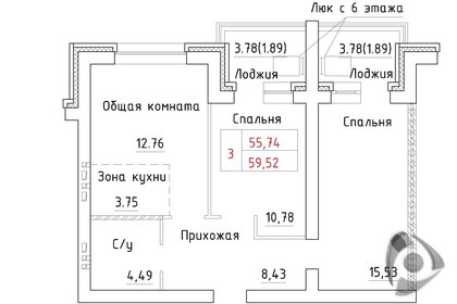 Квартира 59,5 м², 3-комнатная - изображение 1