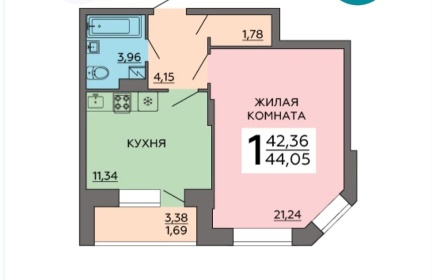 44,1 м², 1-комнатная квартира 4 400 000 ₽ - изображение 1