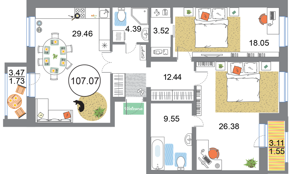 107,1 м², 2-комнатная квартира 24 090 750 ₽ - изображение 1