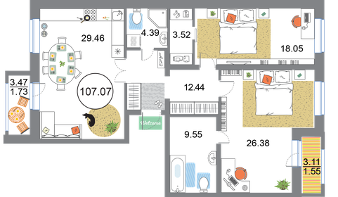 Квартира 107,1 м², 2-комнатная - изображение 1