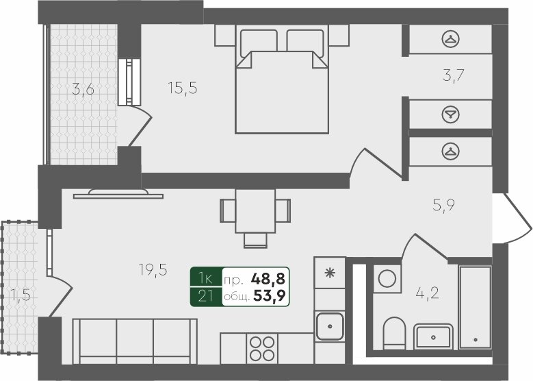 53,9 м², 1-комнатная квартира 7 364 500 ₽ - изображение 1