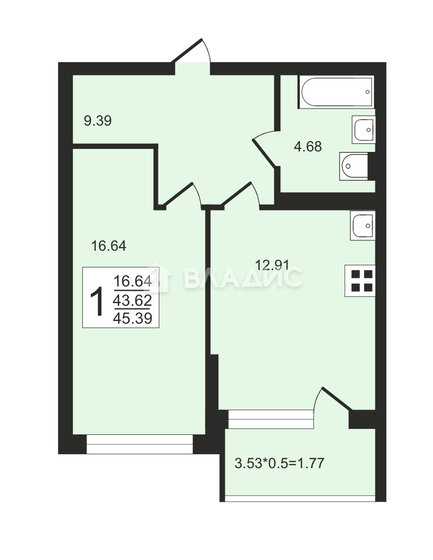 45,4 м², 1-комнатная квартира 4 650 000 ₽ - изображение 1