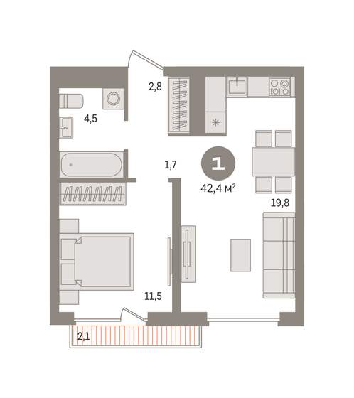 42,4 м², 1-комнатная квартира 9 190 000 ₽ - изображение 1