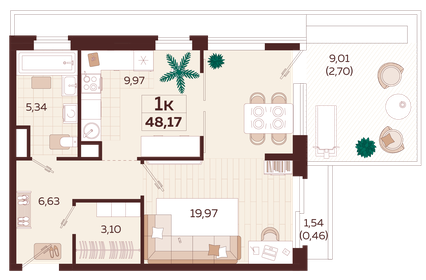 Квартира 48,2 м², 1-комнатная - изображение 1