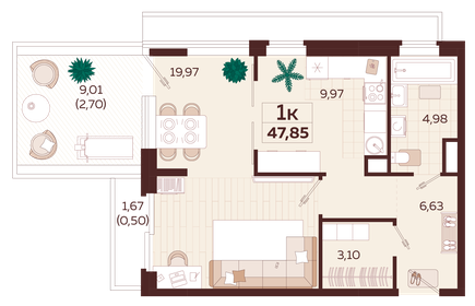 57,3 м², 1-комнатная квартира 25 990 000 ₽ - изображение 64