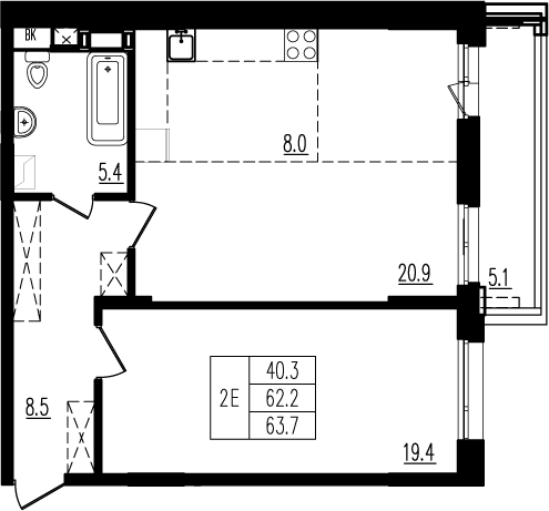 63,7 м², 1-комнатная квартира 9 253 062 ₽ - изображение 1