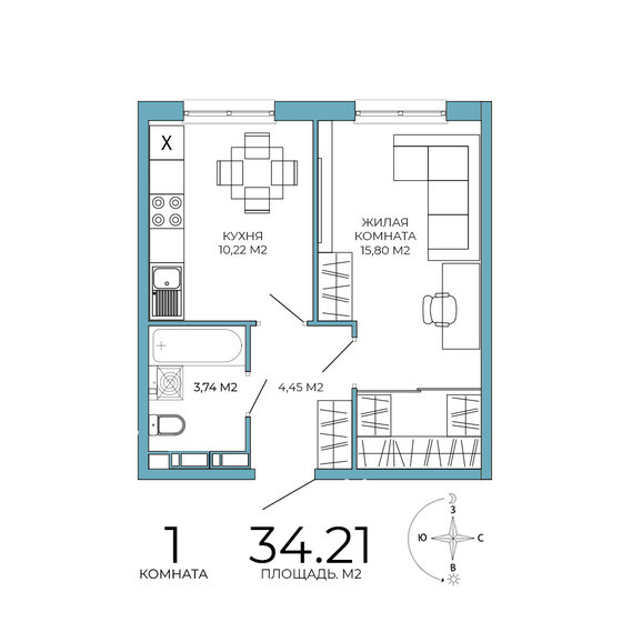 34,2 м², 1-комнатная квартира 3 421 000 ₽ - изображение 1