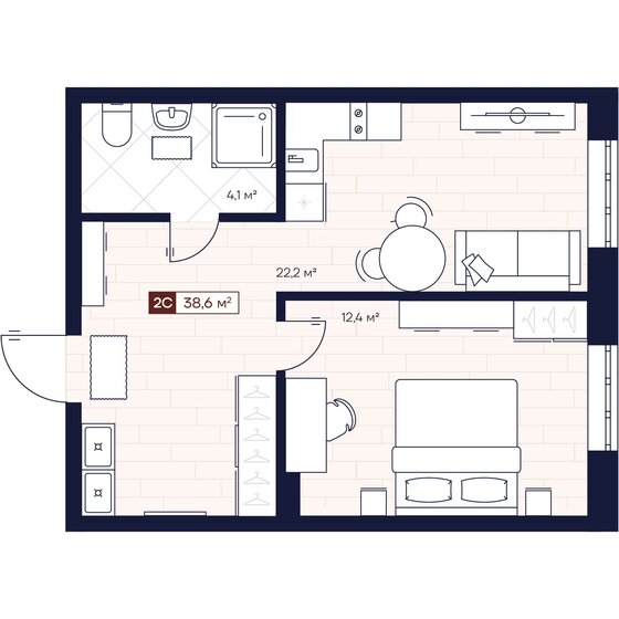 38,6 м², 2-комнатные апартаменты 5 800 000 ₽ - изображение 1