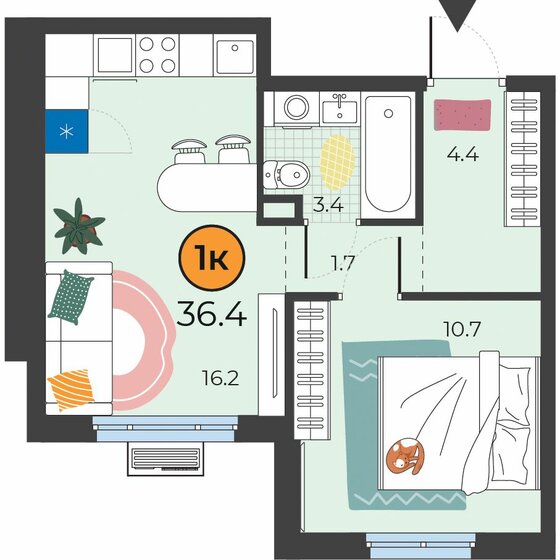 36,4 м², 1-комнатная квартира 5 510 082 ₽ - изображение 1