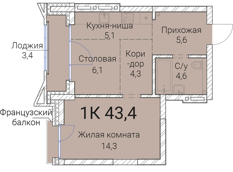 43,4 м², 1-комнатная квартира 8 173 200 ₽ - изображение 1