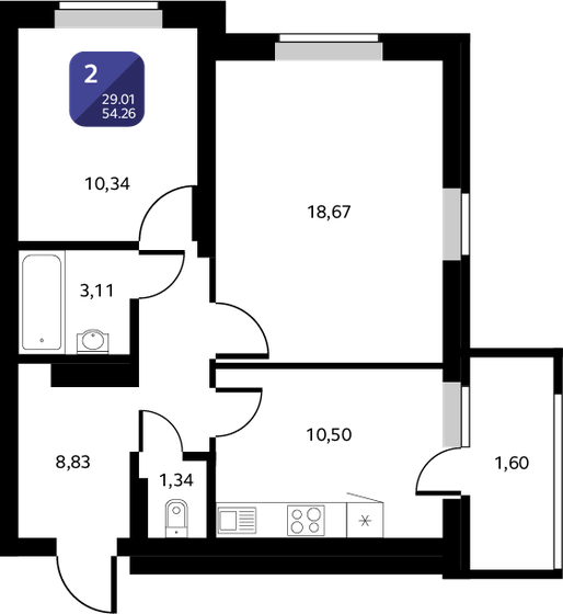 54,3 м², 2-комнатная квартира 5 968 600 ₽ - изображение 1