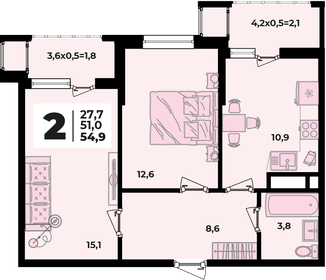 Квартира 54,9 м², 2-комнатная - изображение 1