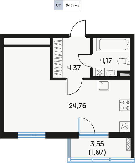 34,4 м², 1-комнатная квартира 14 064 358 ₽ - изображение 1