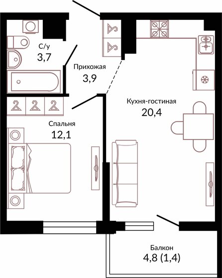 41,5 м², 1-комнатная квартира 6 129 550 ₽ - изображение 1