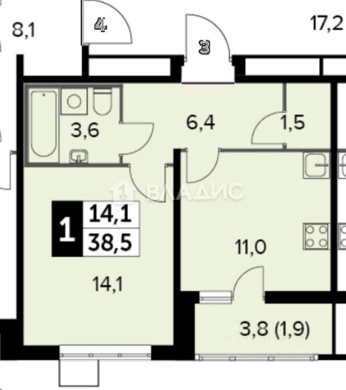 38,5 м², 1-комнатная квартира 8 700 000 ₽ - изображение 1