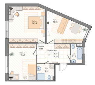 Квартира 81,7 м², 2-комнатная - изображение 1