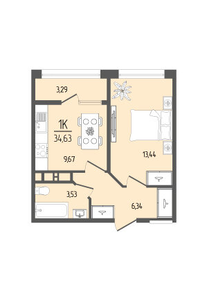 34,6 м², 1-комнатная квартира 4 420 000 ₽ - изображение 1