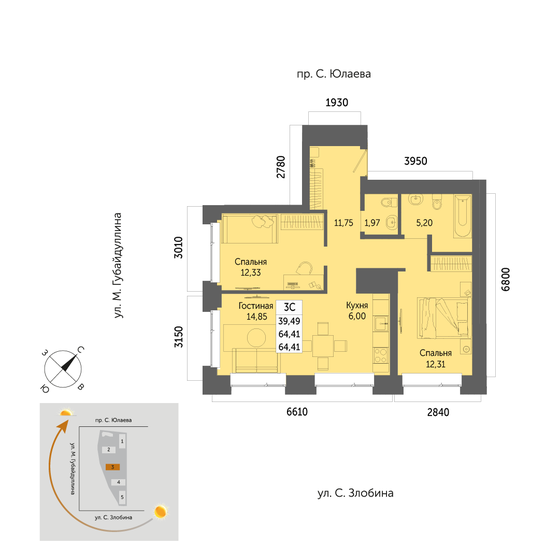 64,4 м², 3-комнатная квартира 9 242 800 ₽ - изображение 1
