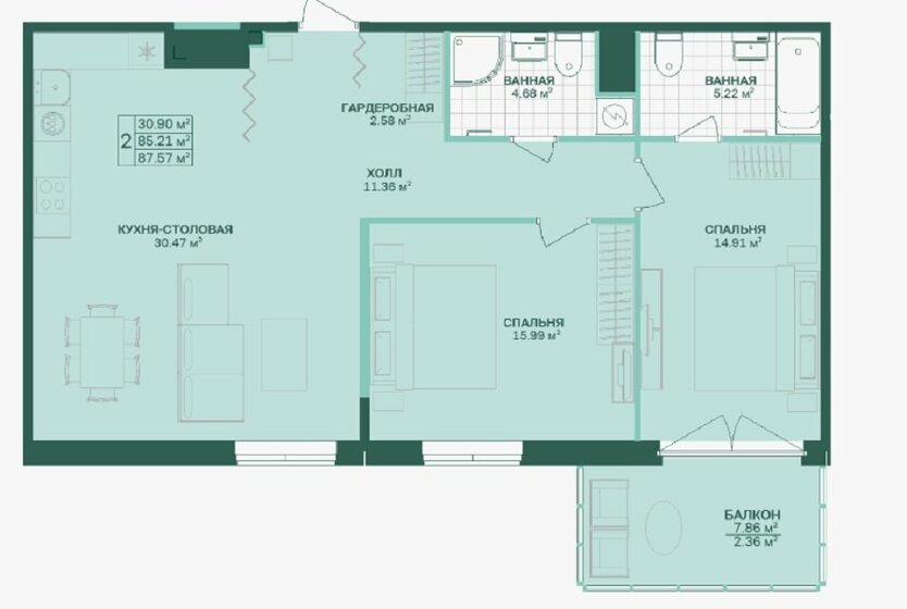 87,6 м², 2-комнатная квартира 36 000 000 ₽ - изображение 1